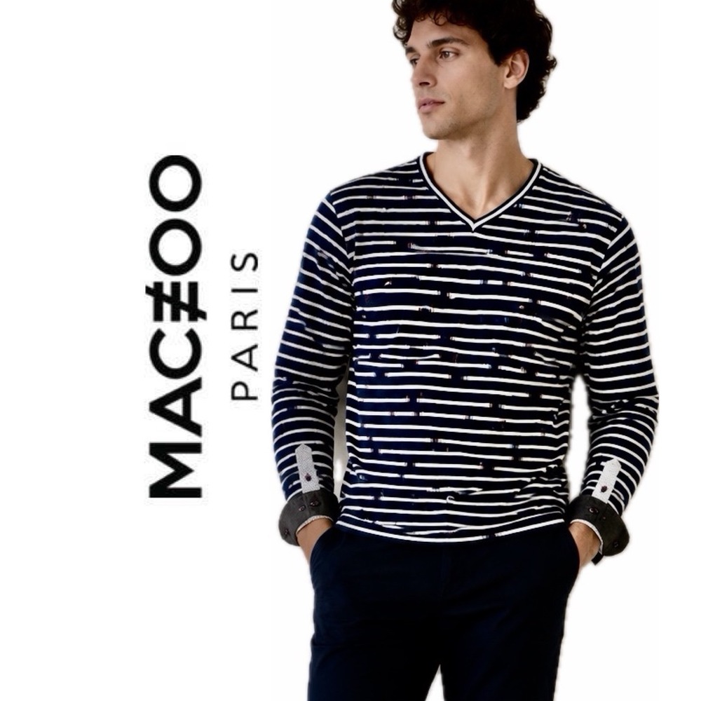 Maceoo Paris Mens V-Neck Long Sleeve Striped Shirt Blue White Cotton Size 4 L